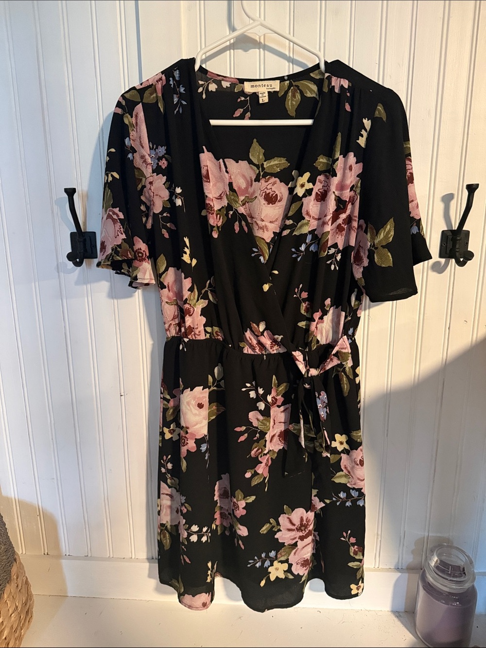 Floral Wrap Dress in Black with Pink Roses